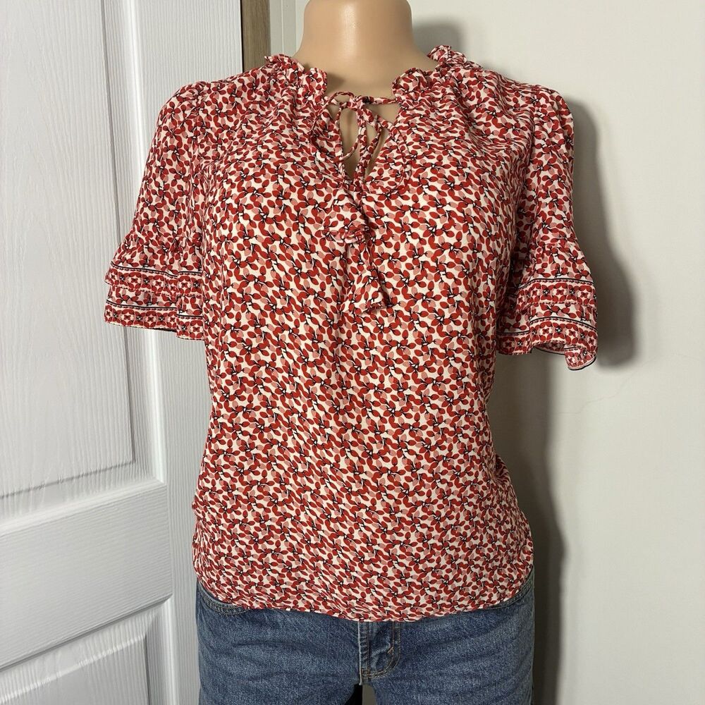 Max Studio Womens Blouse Size S Short Ruffle Sleeves Relaxed Floral Front Tie